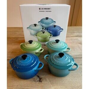 Le Creuset Stoneware 4 Mini Cocotte Palm, Cool Mint, Caribbean & Marseille NEW